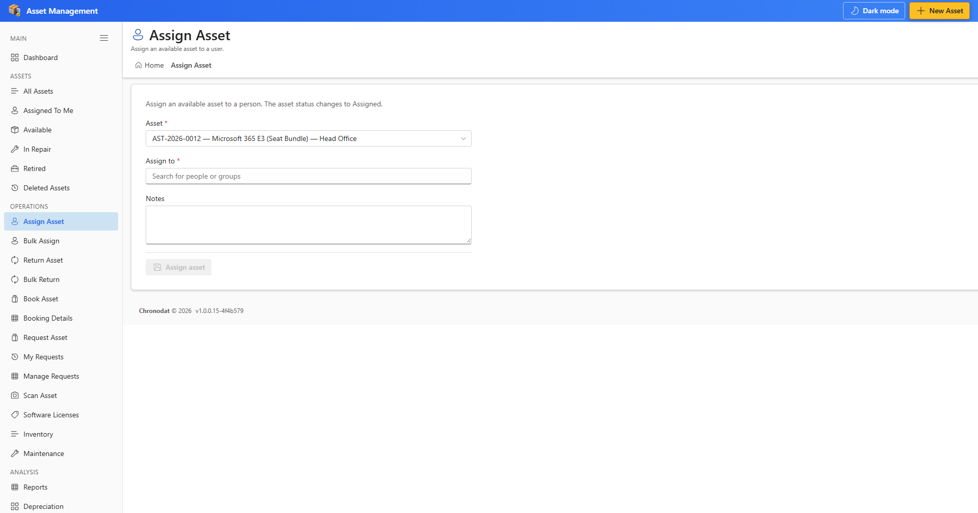 Assign Asset form