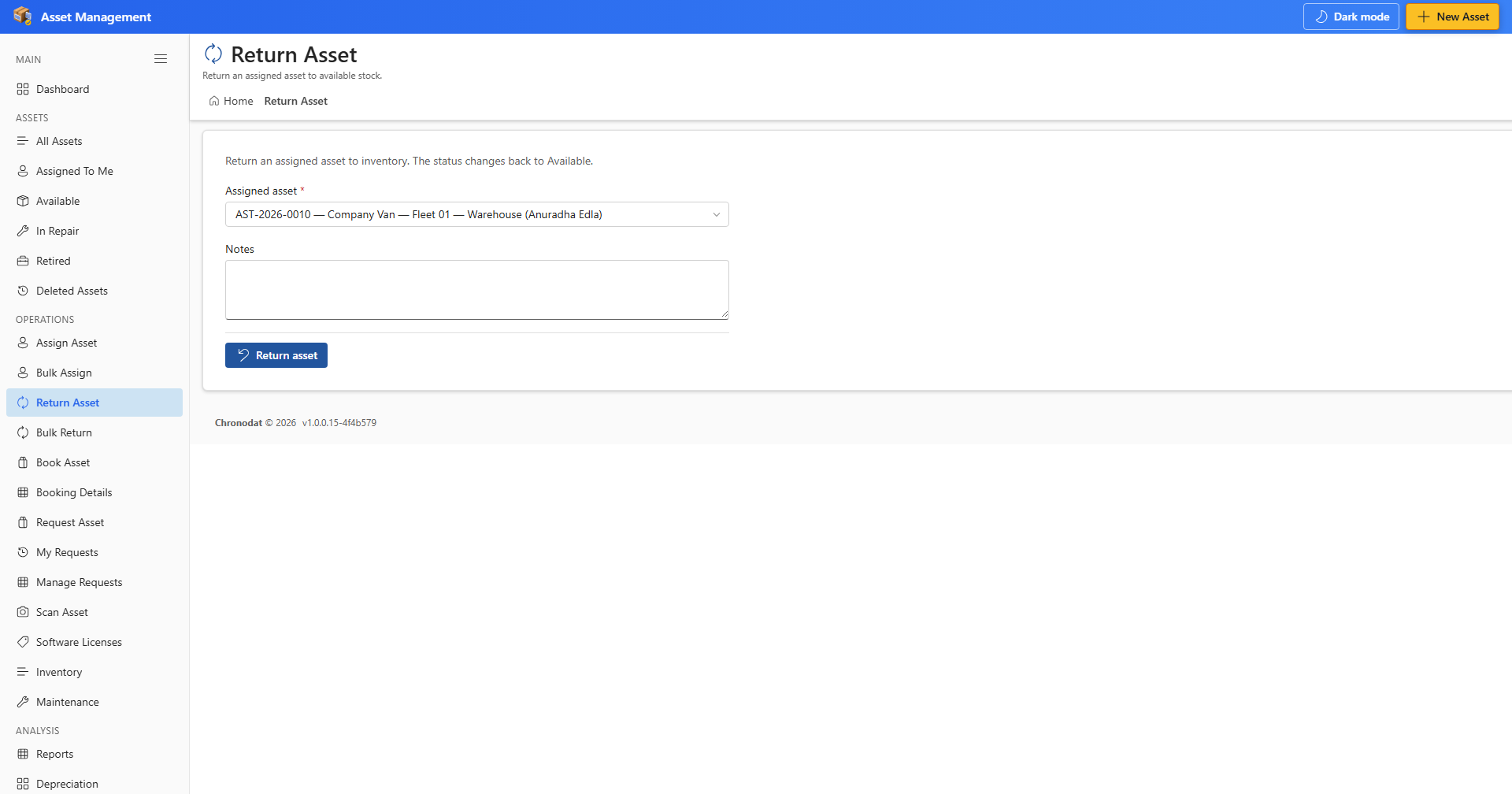 Return Asset form