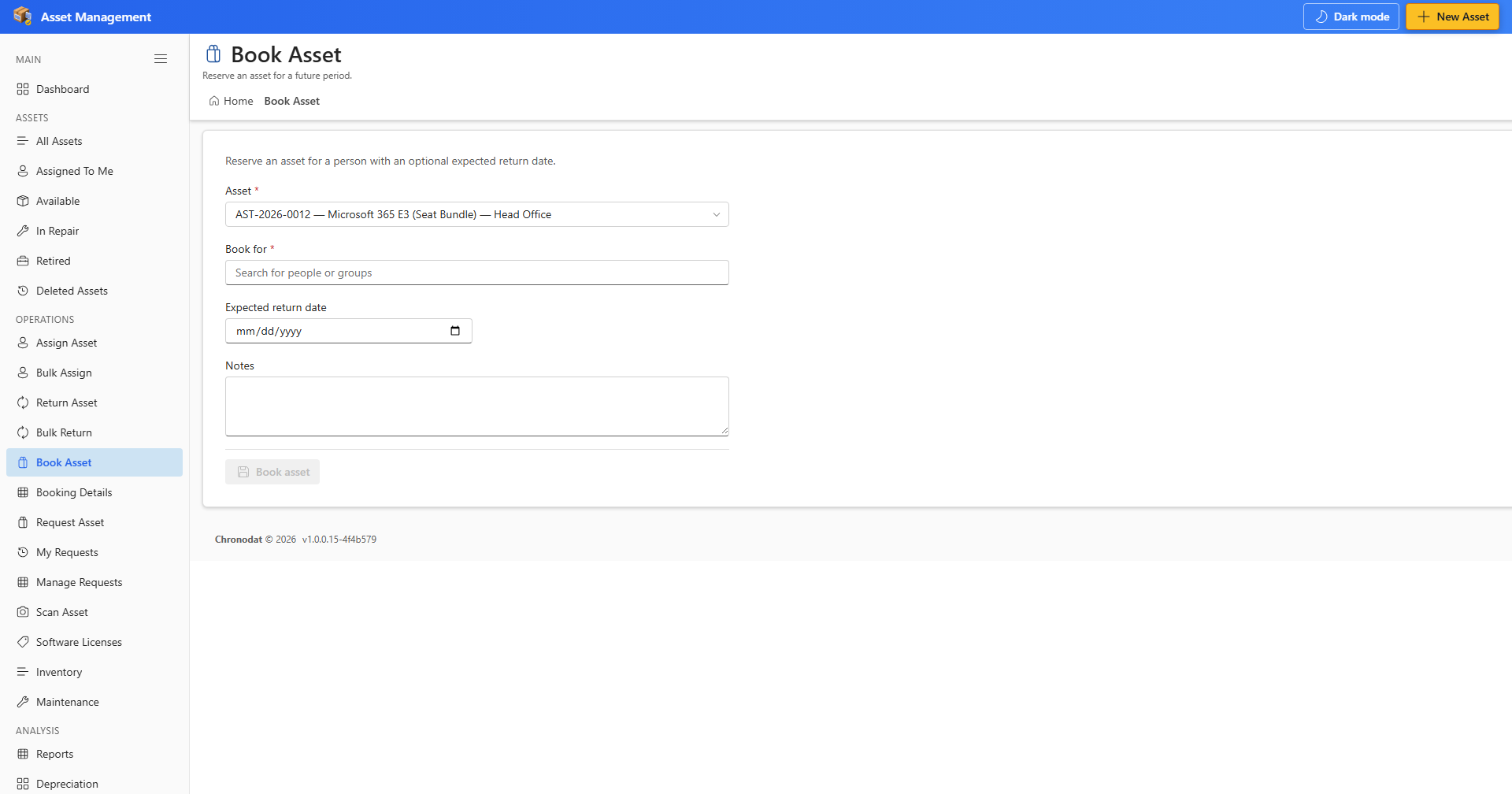 Book Asset form