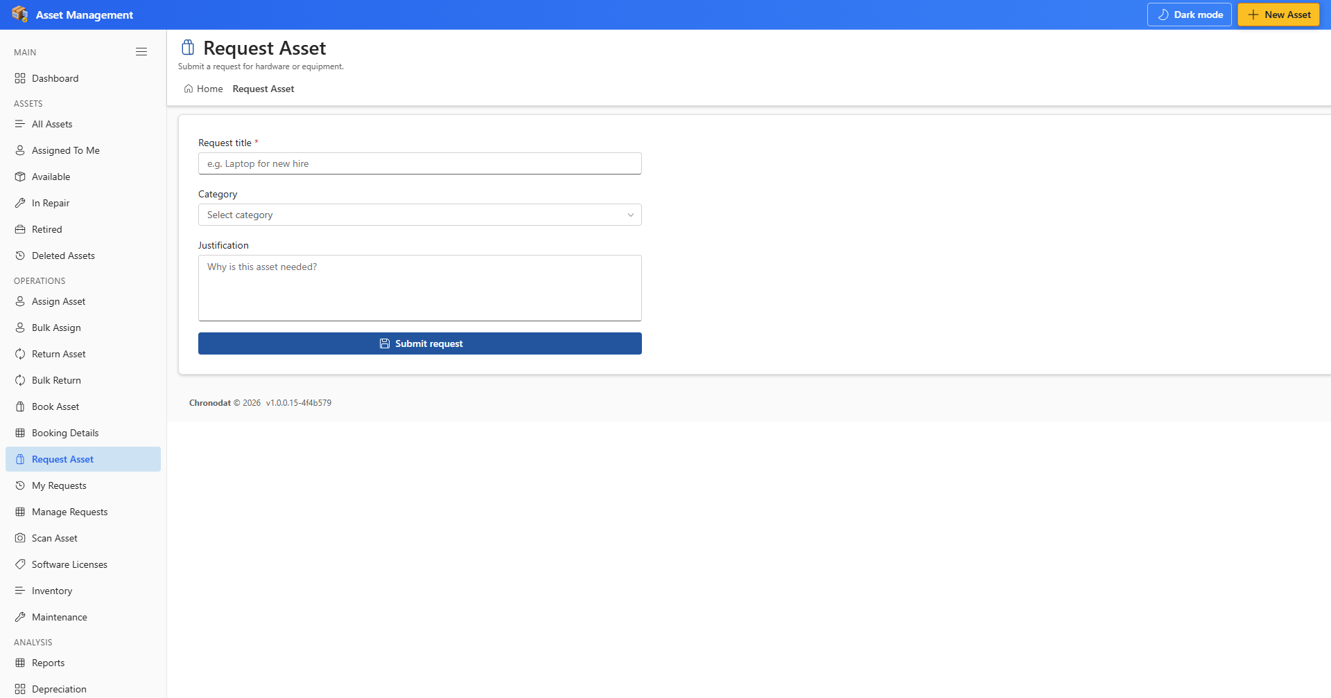 Request Asset form