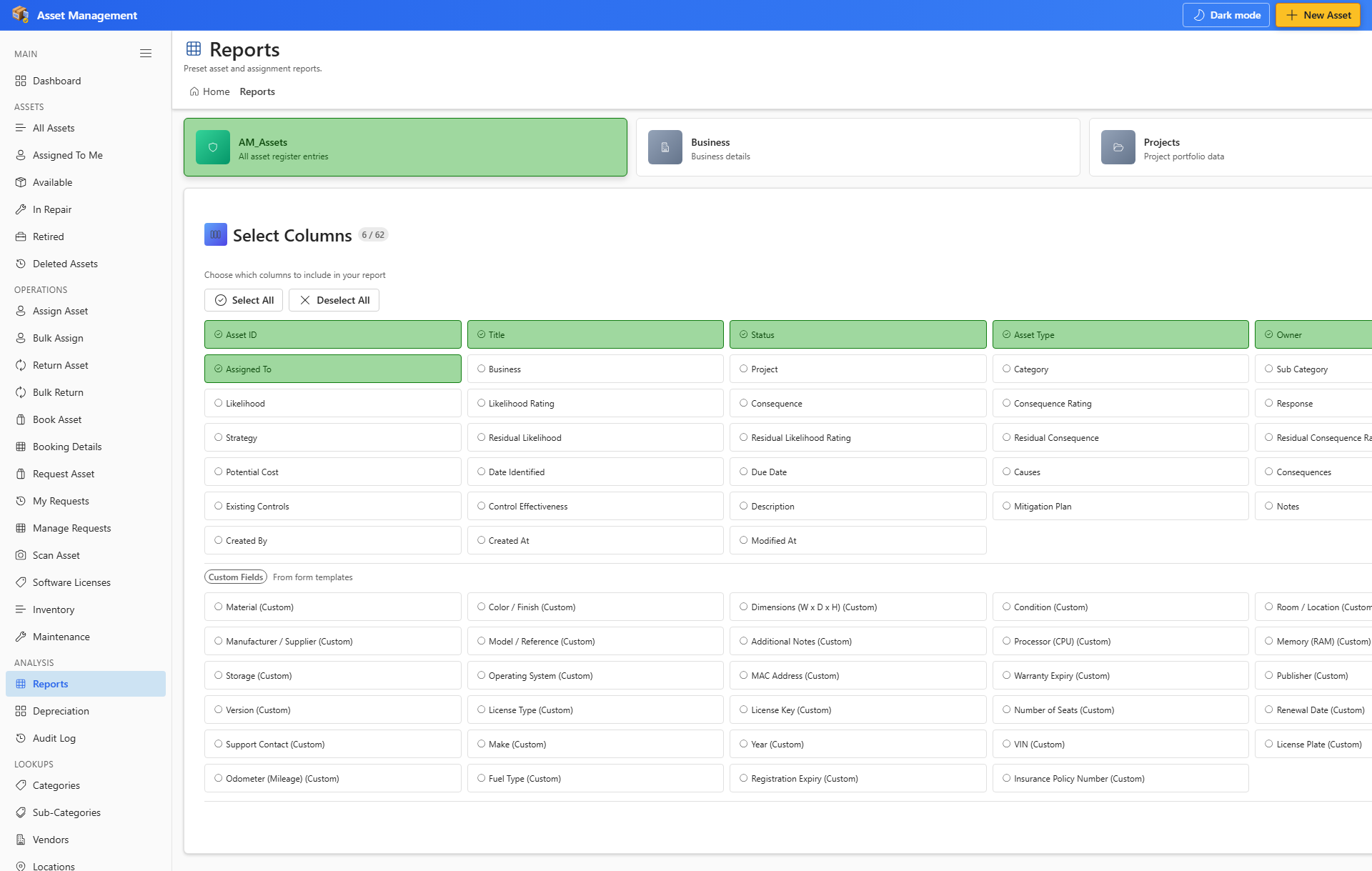 Report Builder column picker