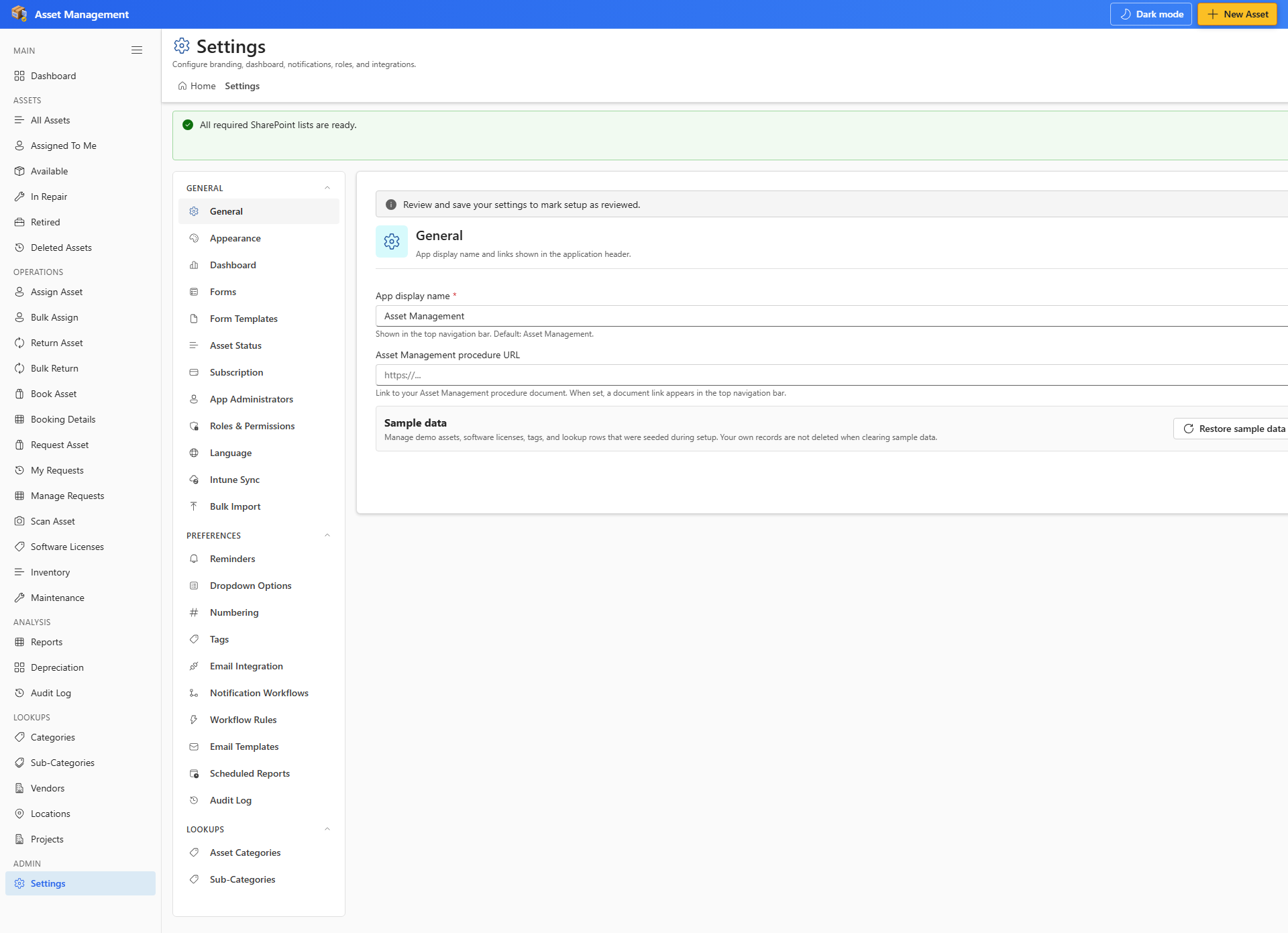 Settings General tab