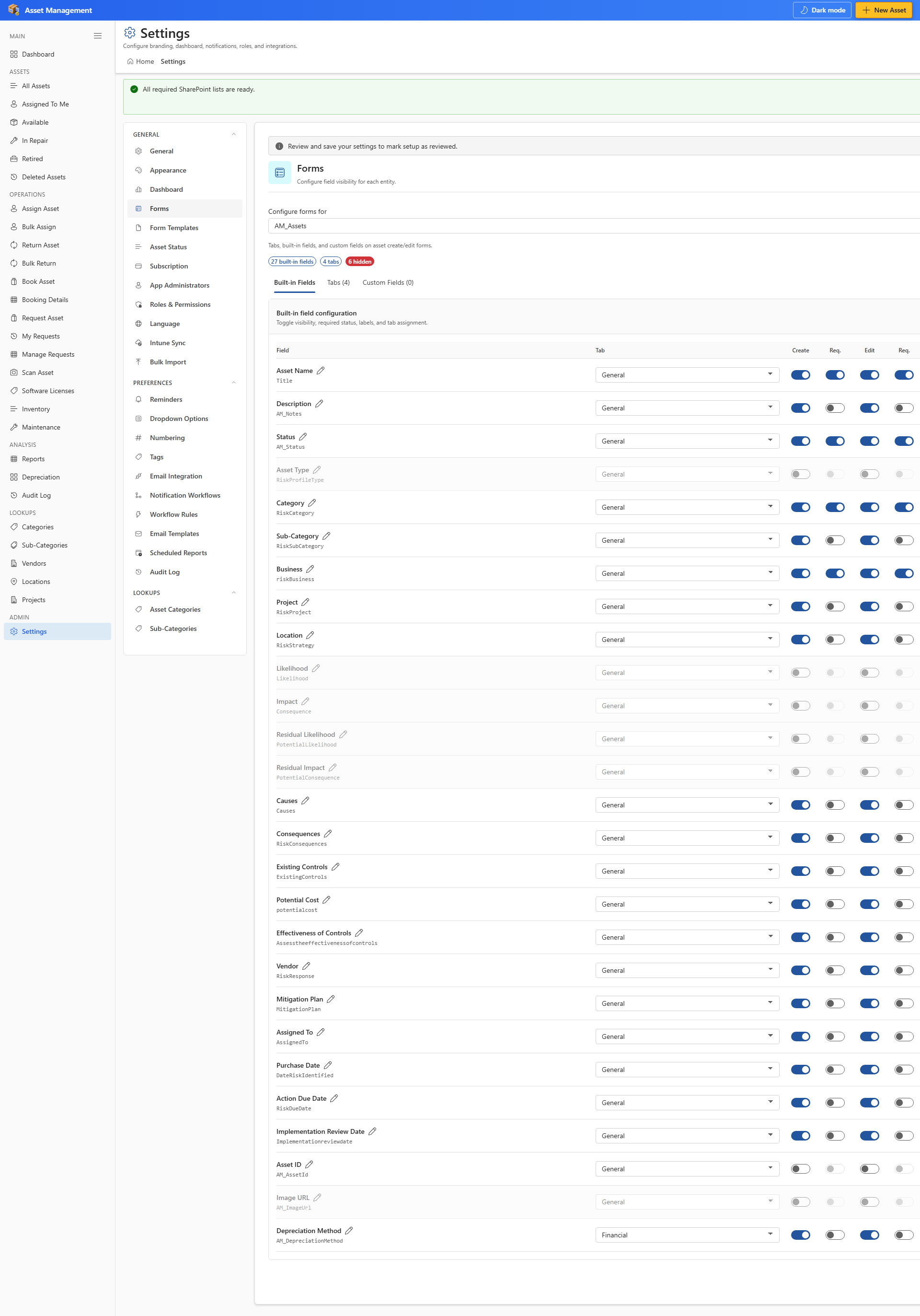 Settings Forms tab