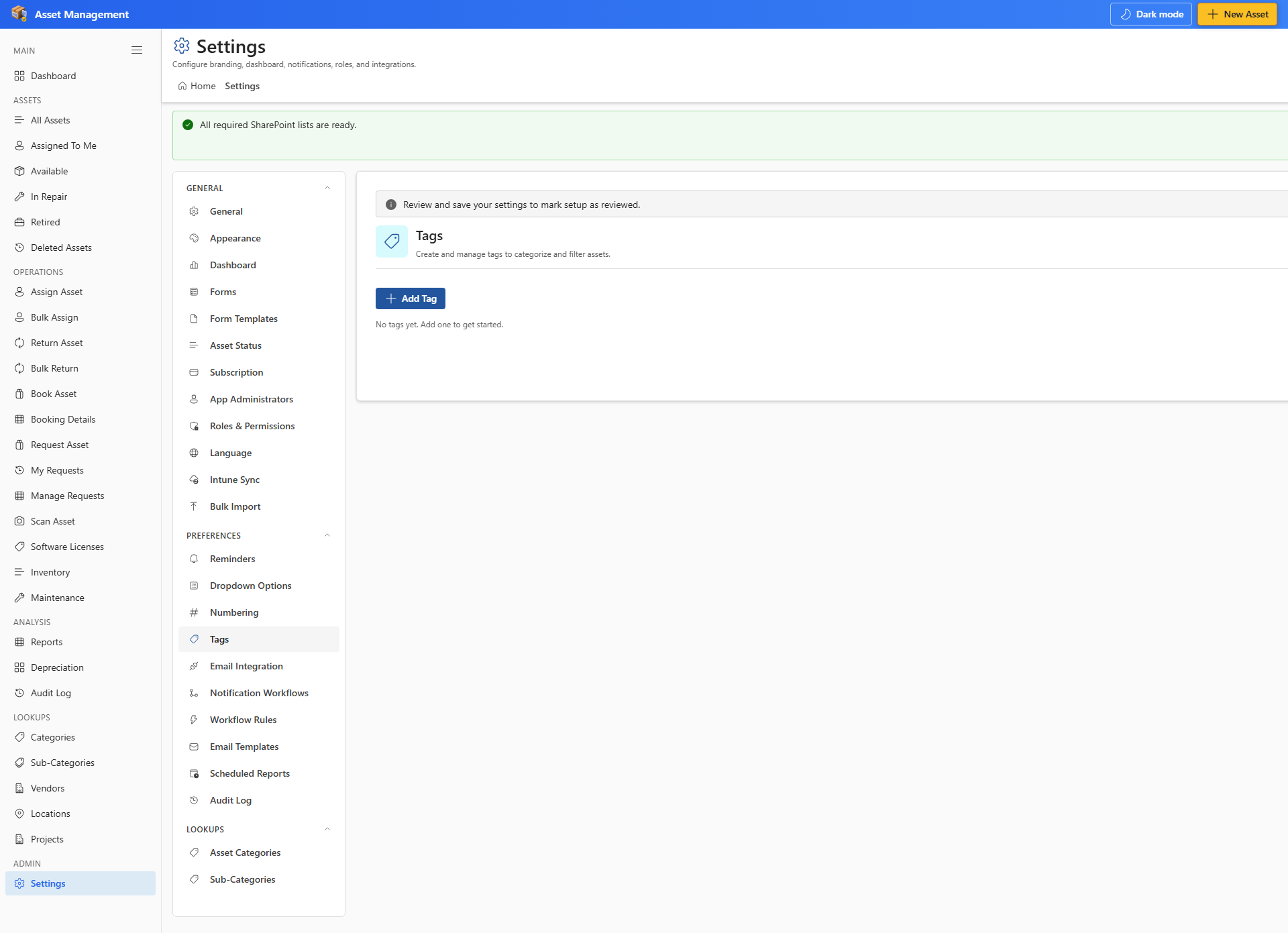 Settings Tags tab