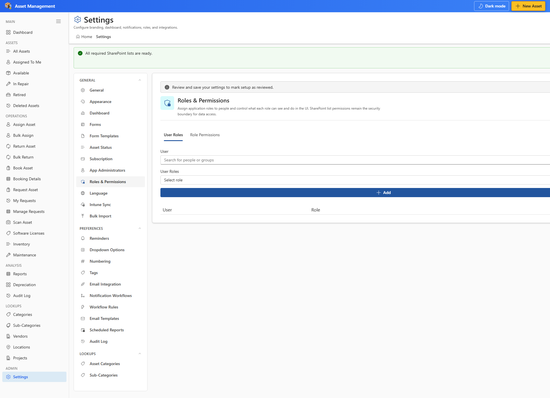 Settings Roles tab