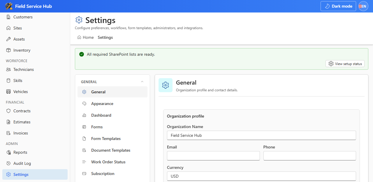 Settings General tab after setup