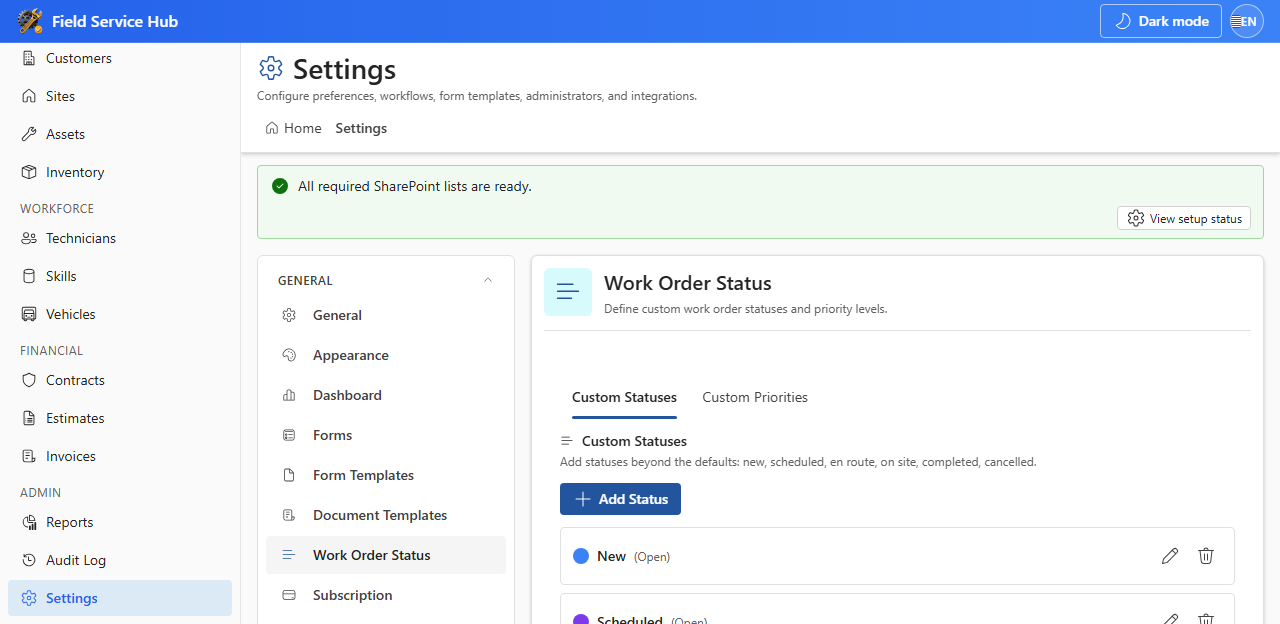 Work Order Status settings