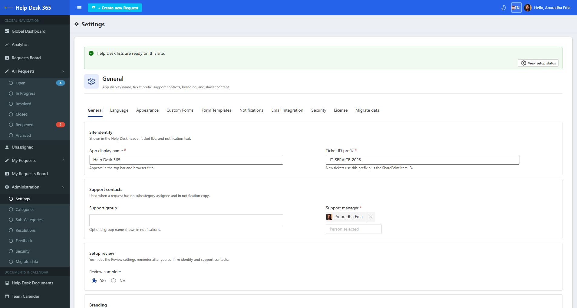 Help Desk 365 general settings
