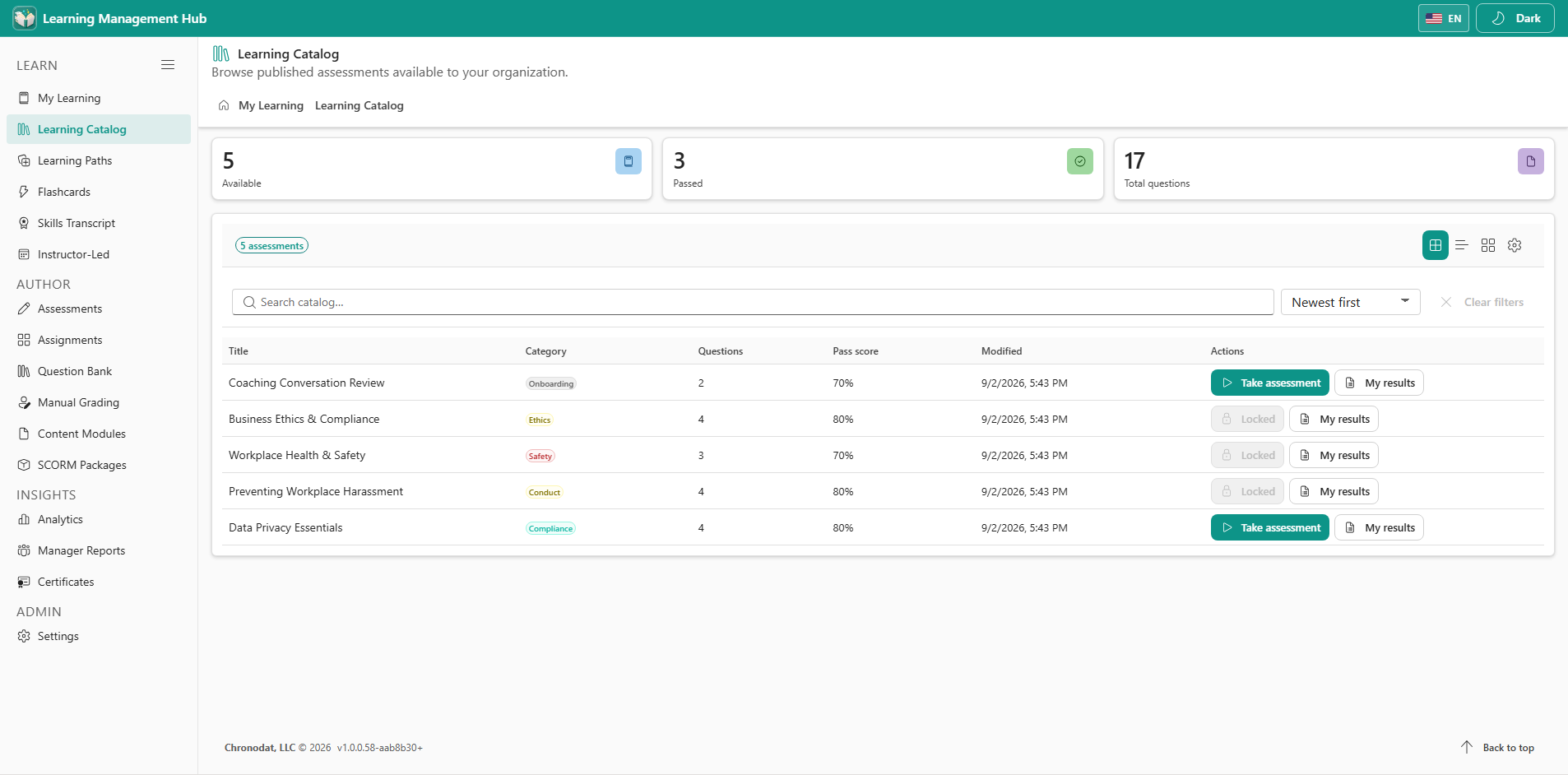 Learning Catalog with published assessments and category filters