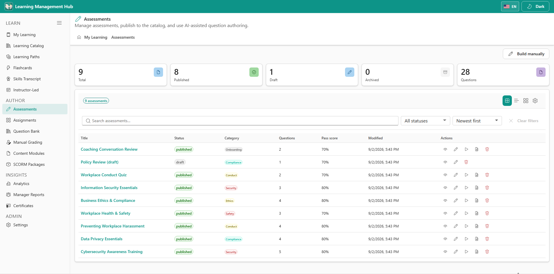 Assessments authoring list with draft and publish workflow