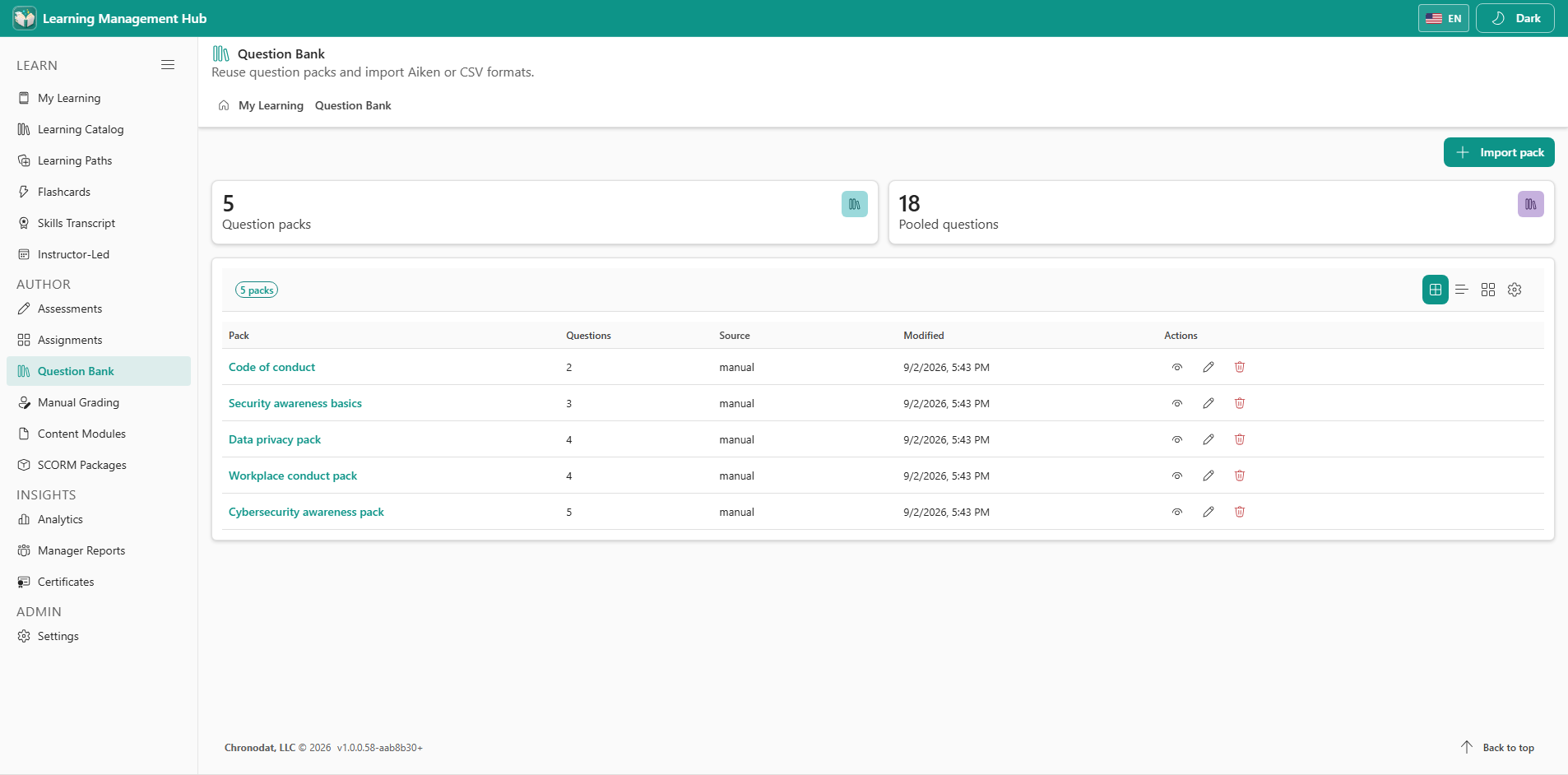 Question Bank with reusable questions and import