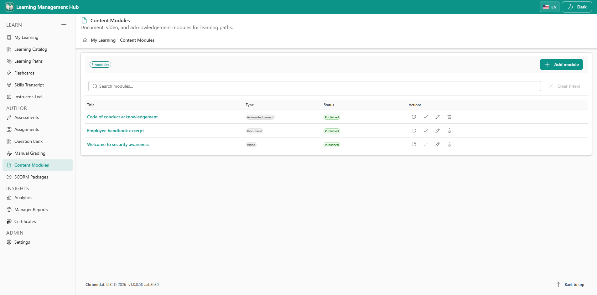 Content modules for documents, video, and confirmations