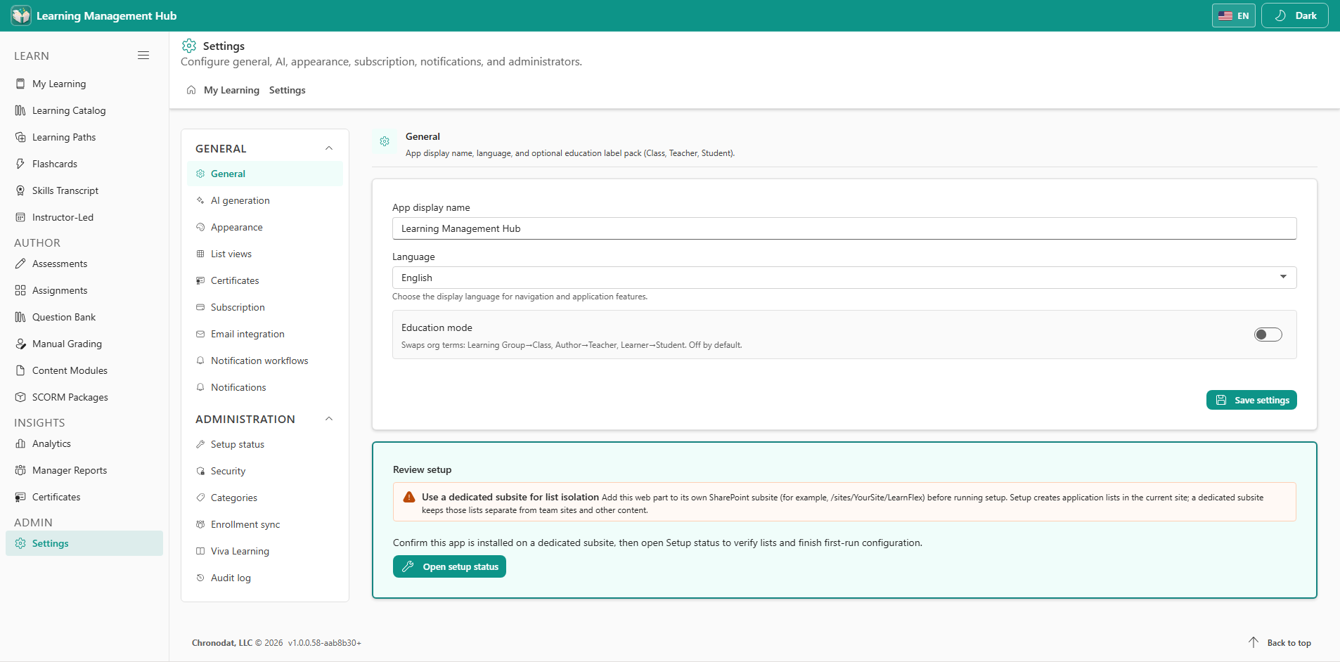 Settings General for display name and education mode