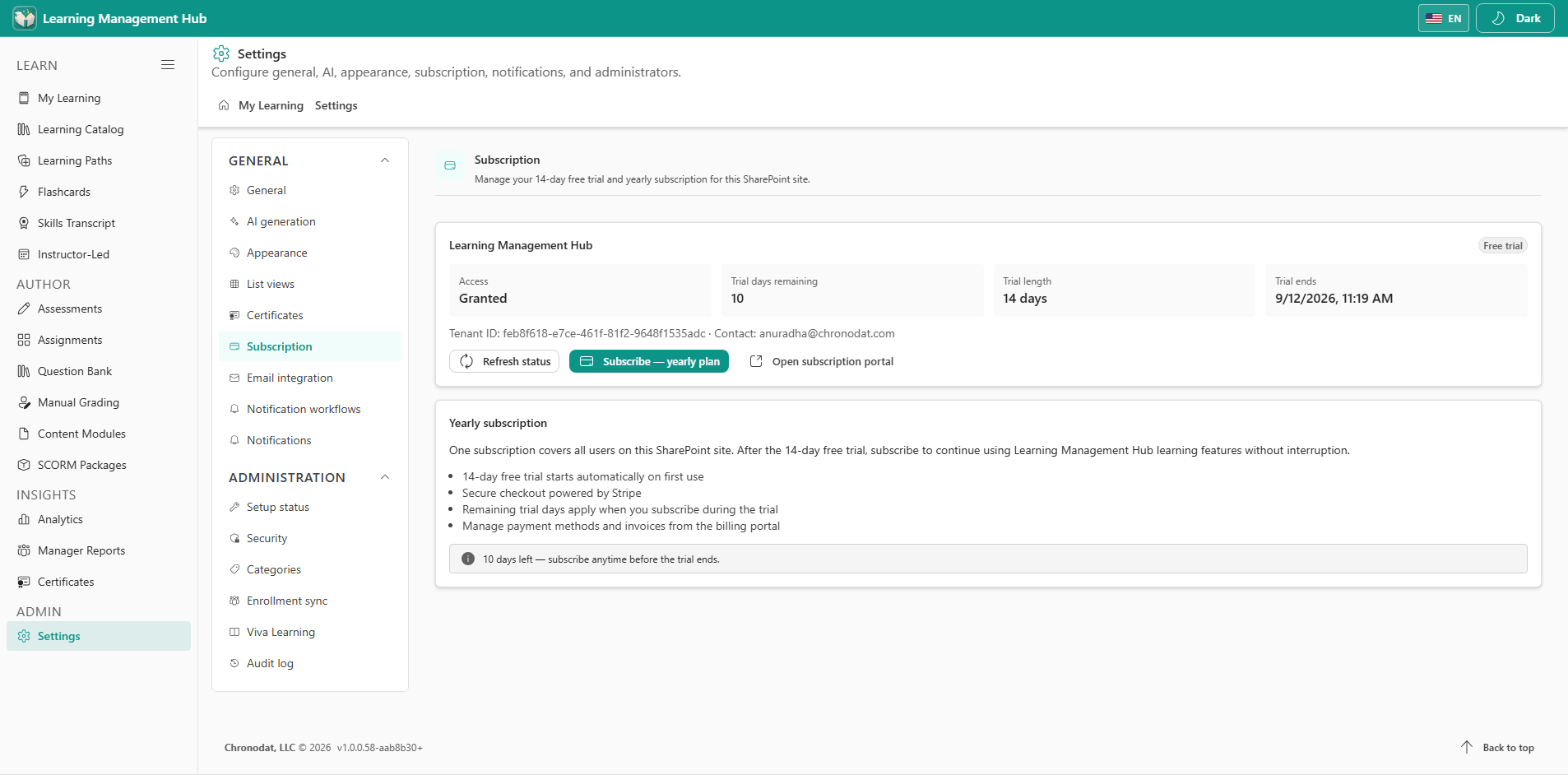 Settings Subscription for trial and yearly licensing