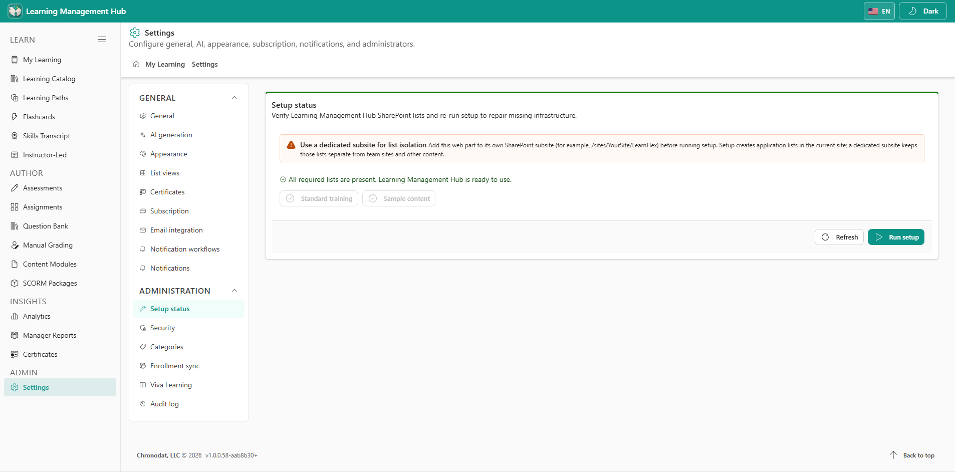 Learning Management Hub setup status after lists are provisioned