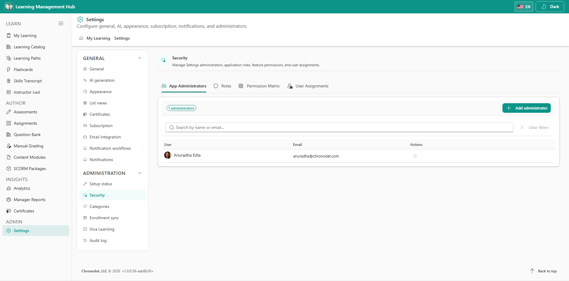 Settings Security with administrators, roles, and permission matrix
