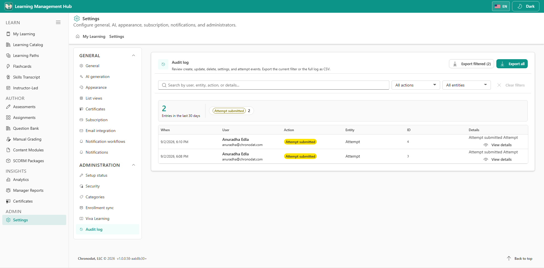 Audit log of administrative and configuration activity