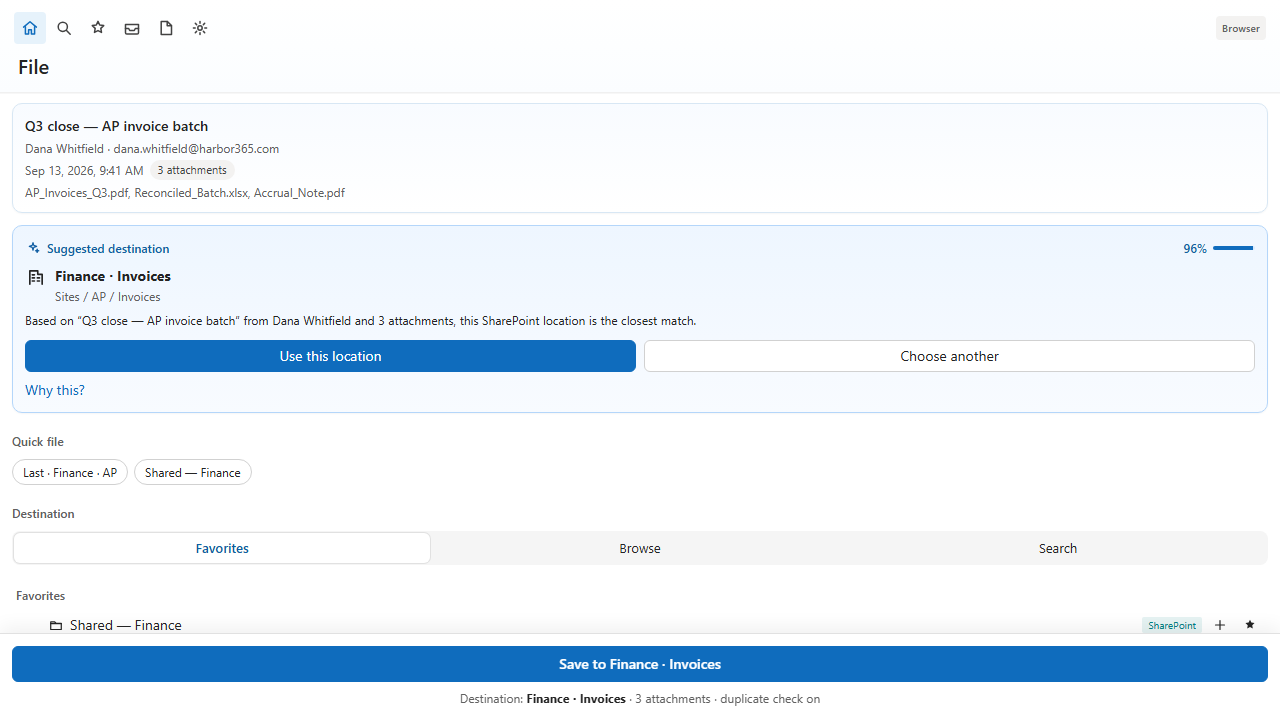 Mailroom File Email pane with destinations, metadata, and Save