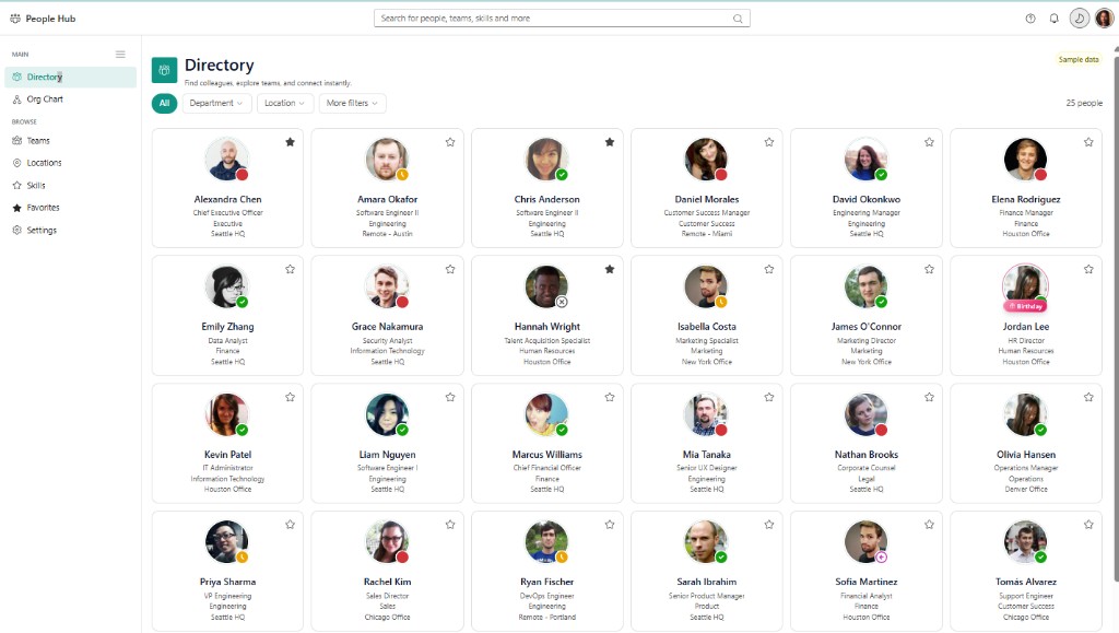People Hub directory employee card grid with search and filters