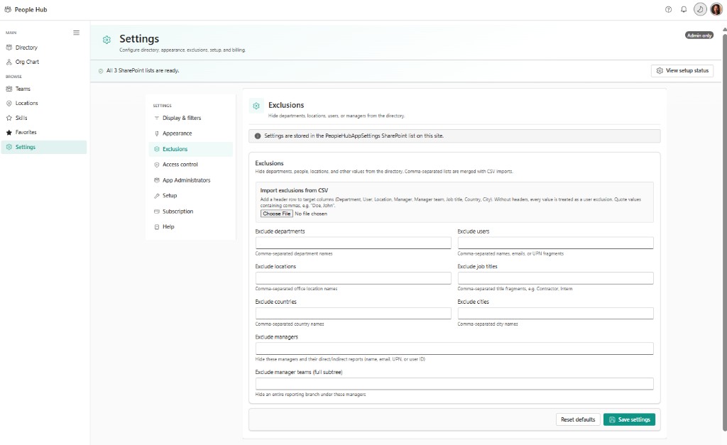People Hub Settings Exclusions tab with filter fields and CSV import