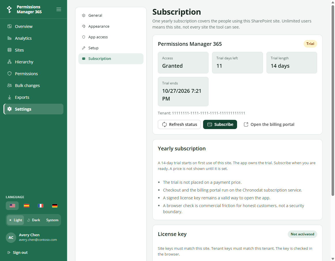Subscription page during the trial