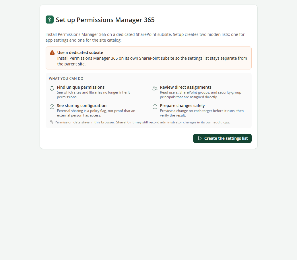 First-run setup for Permissions Manager 365