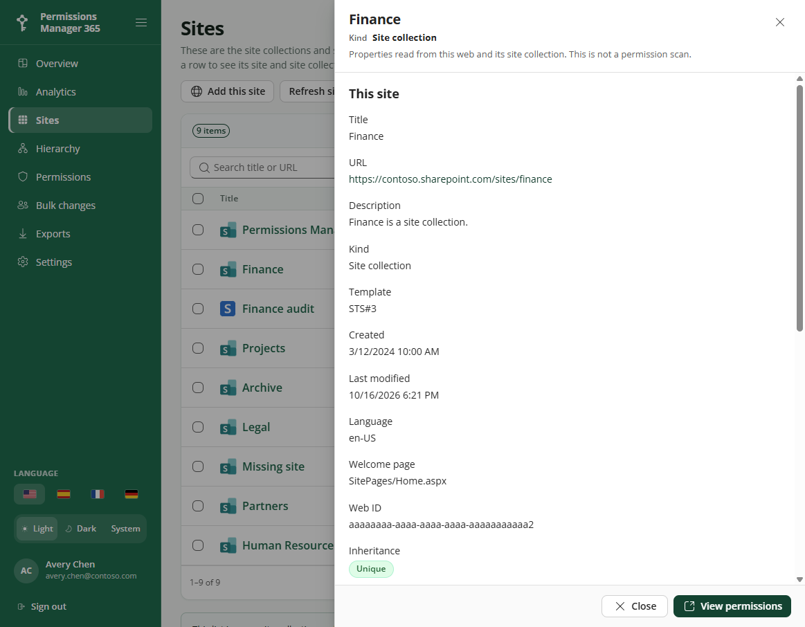 Site details for a site in the inventory
