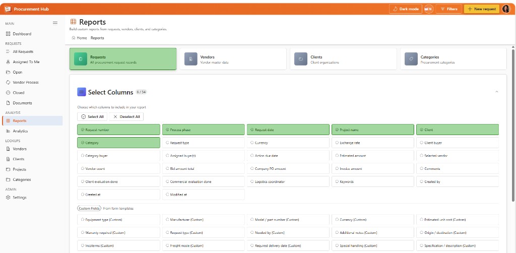 Report builder with a column picker and export