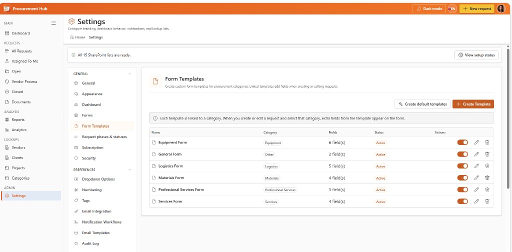 Form templates that add fields by category