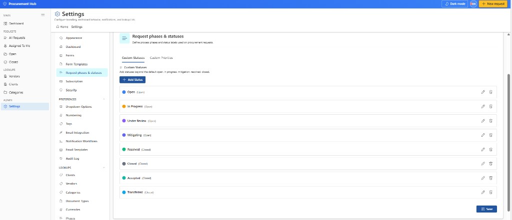 Request phases and statuses in Settings