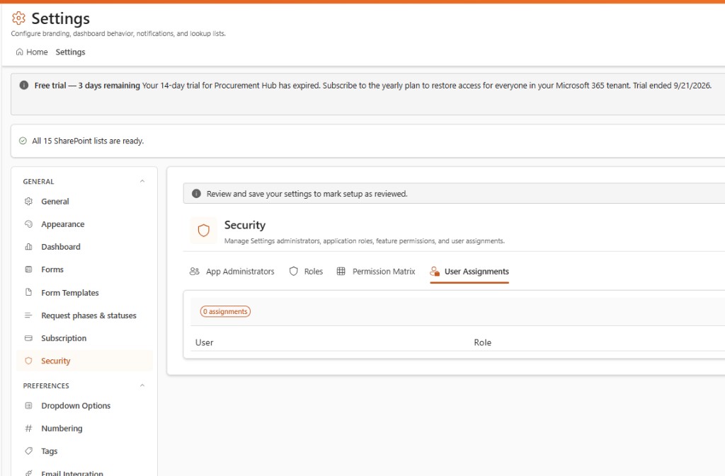 Settings Security with administrators, roles, assignments, and SharePoint groups