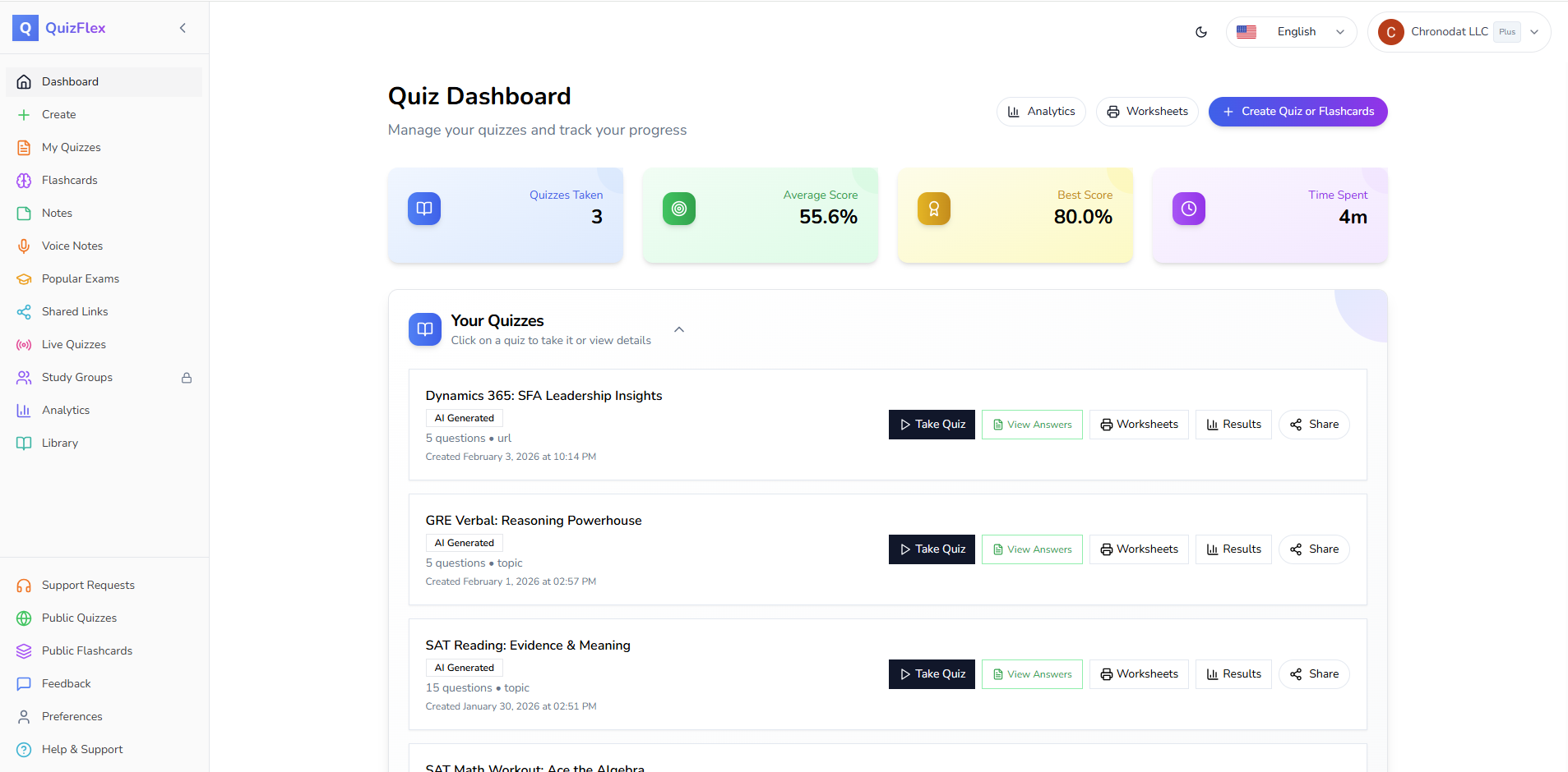 QuizFlex AI Quiz Dashboard