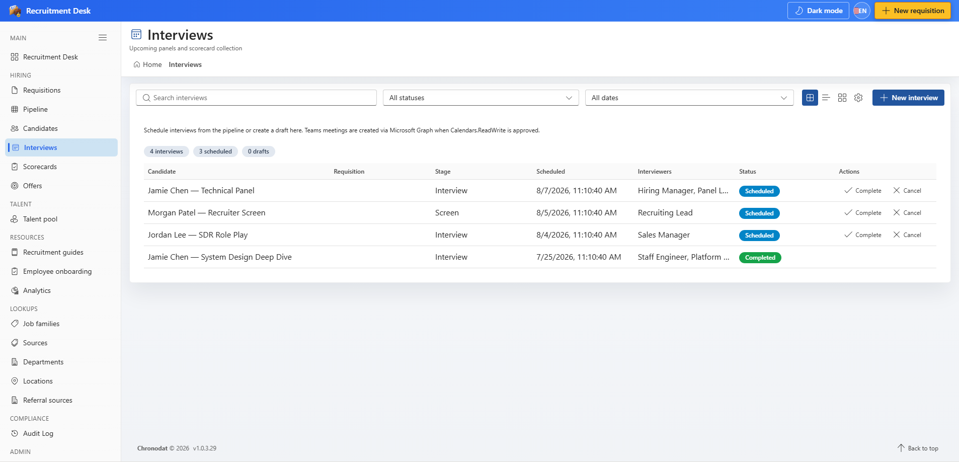 Interview schedule with filters and row actions