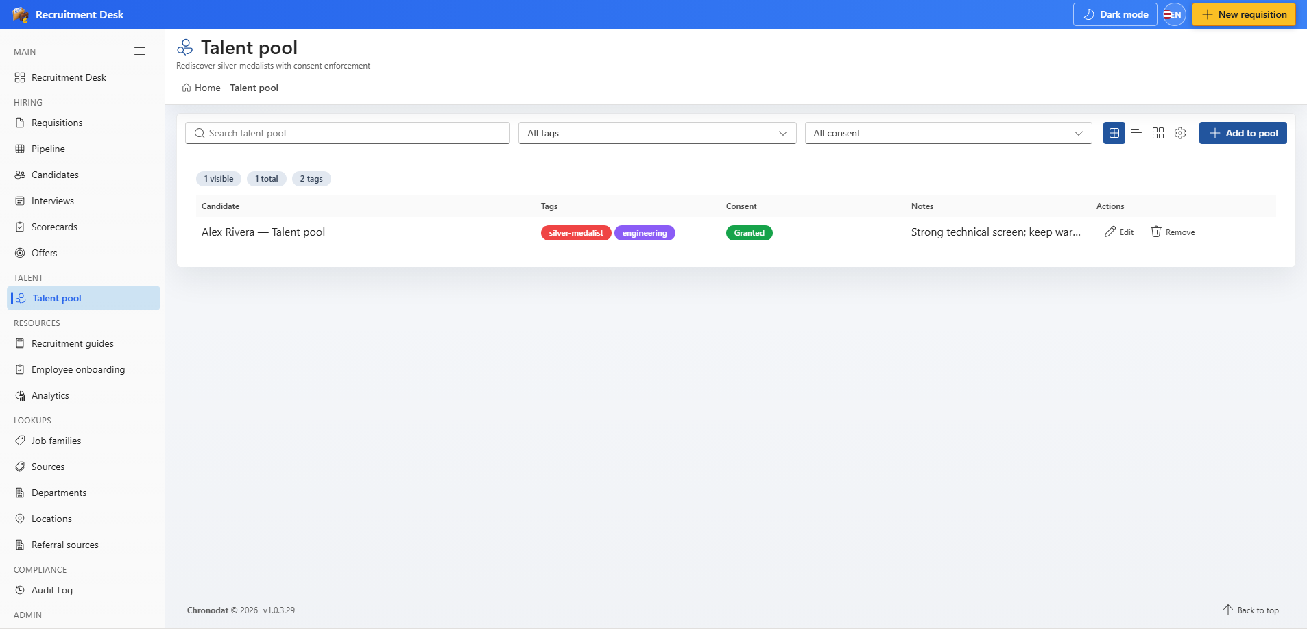 Talent pool with consent and tag filters
