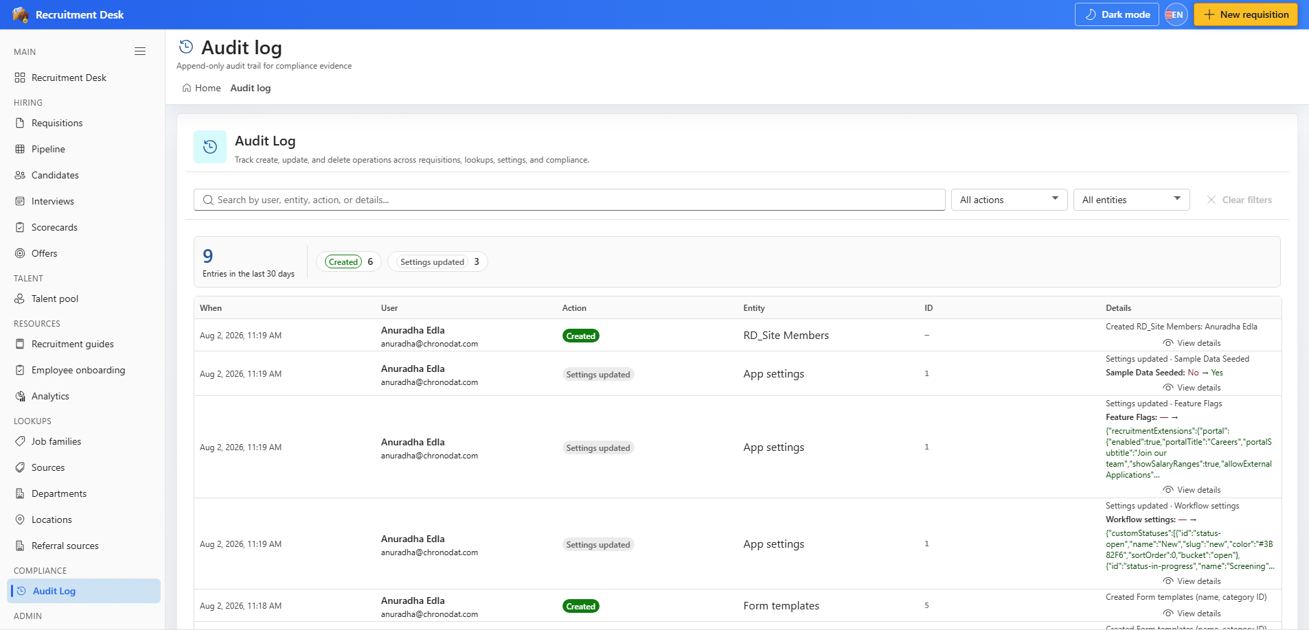 Audit log with search and filters