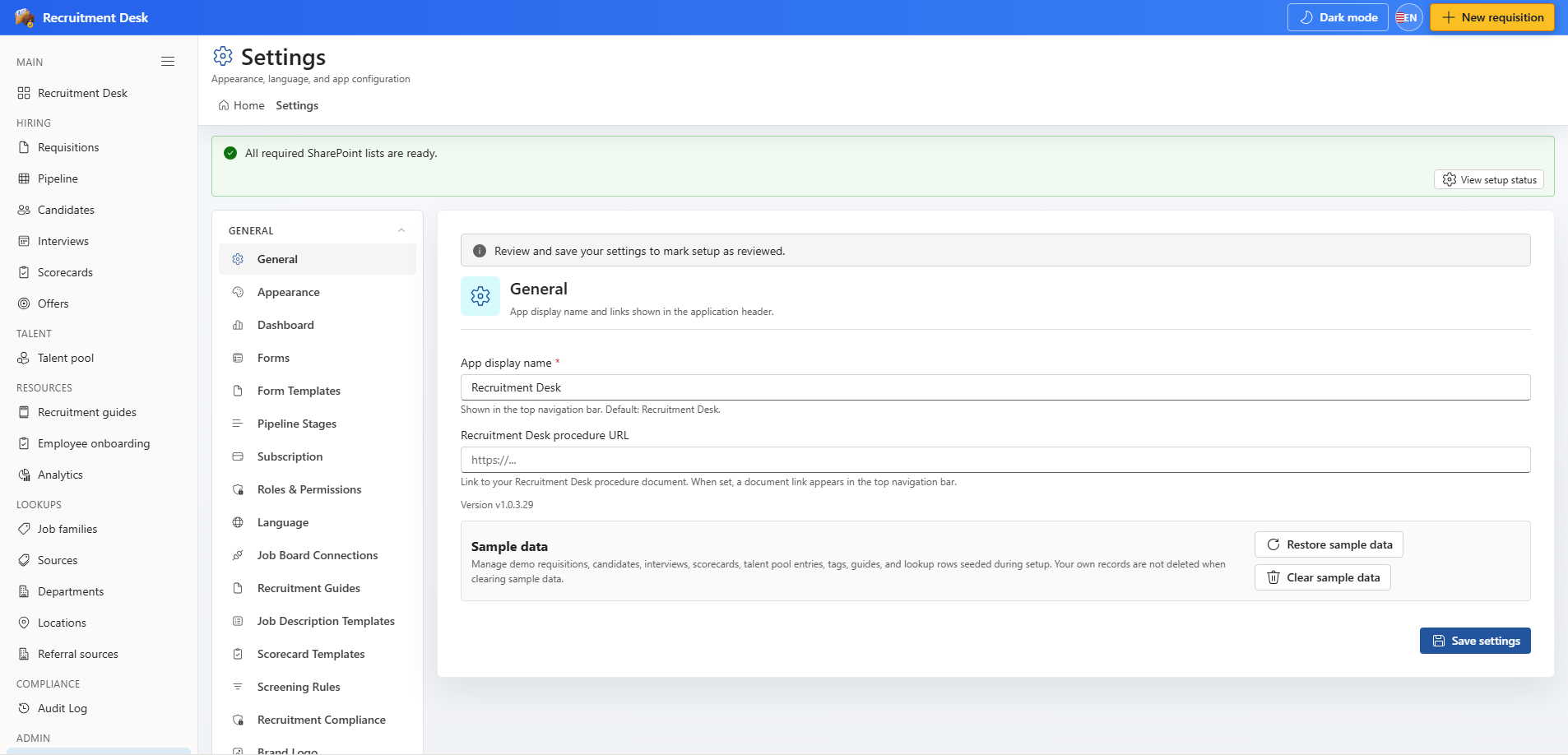 Settings general tab