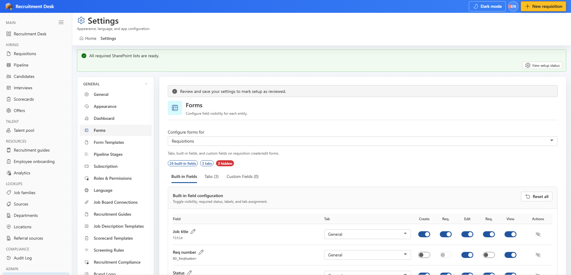 Settings forms tab