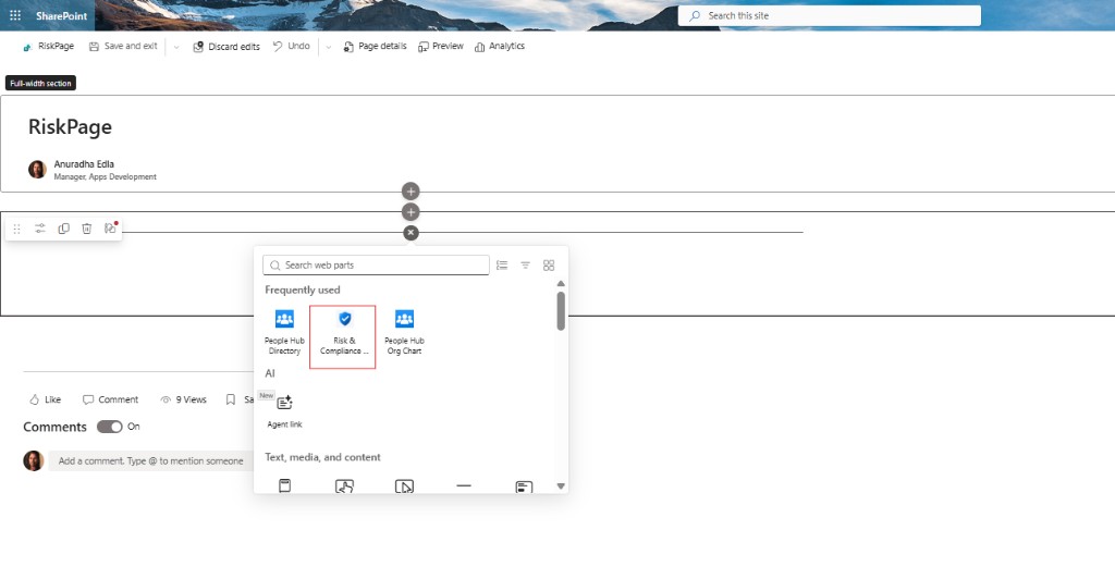 SharePoint page in edit mode with the web part toolbox and Risk & Compliance Hub selected