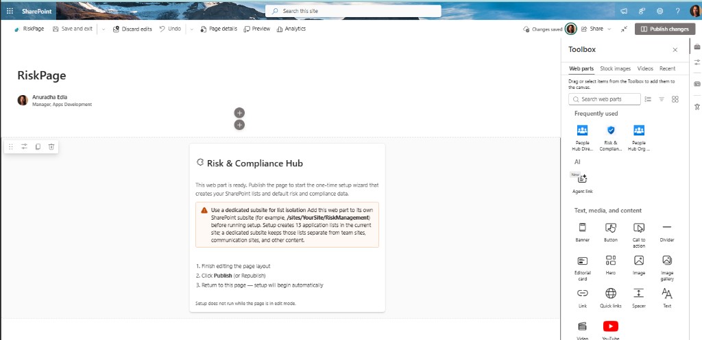 Risk & Compliance Hub web part added to the page showing the ready-to-publish message