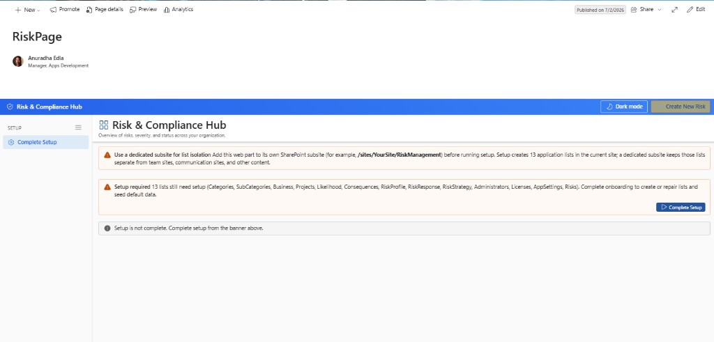 Published page with a setup-required banner and Complete Setup button