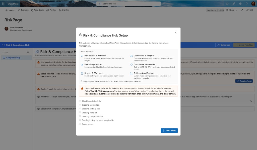 Risk & Compliance Hub setup wizard showing the What you'll get summary and Start Setup button