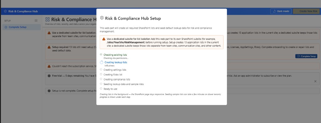 Setup wizard running with progress steps for creating SharePoint lists and seeding data