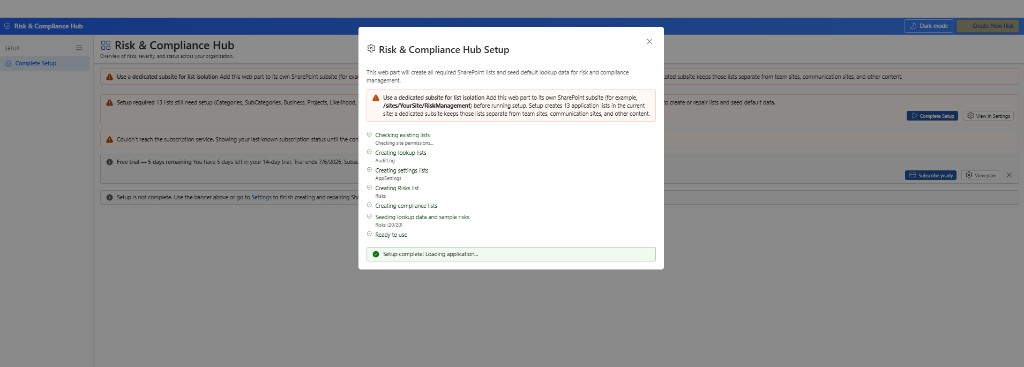Setup wizard showing all steps complete with a Setup complete confirmation, loading the application