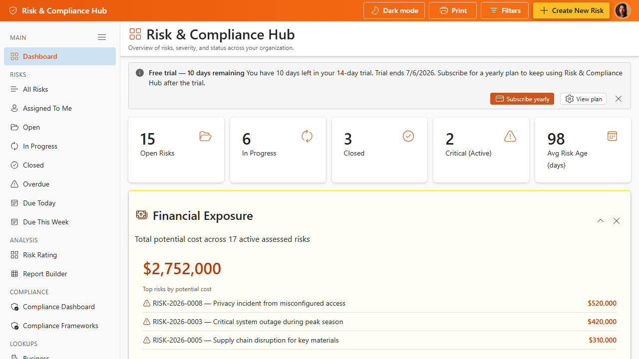 Risk & Compliance Hub screenshot