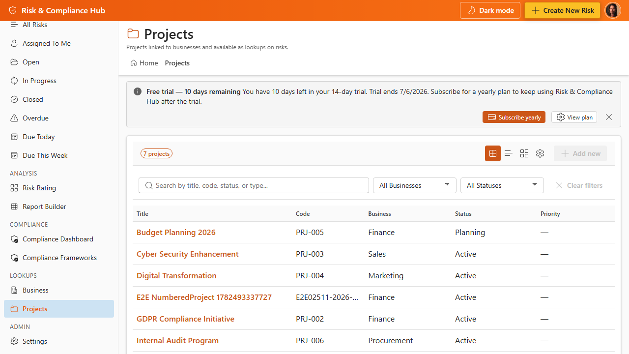 Risk & Compliance Hub screenshot