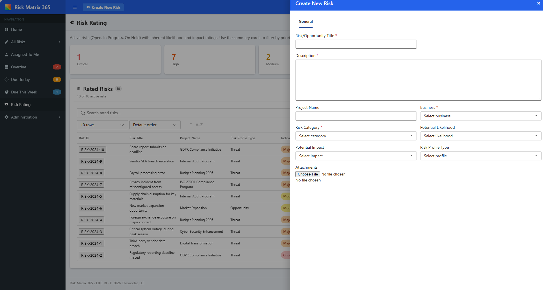 Risk Matrix 365 create risk form