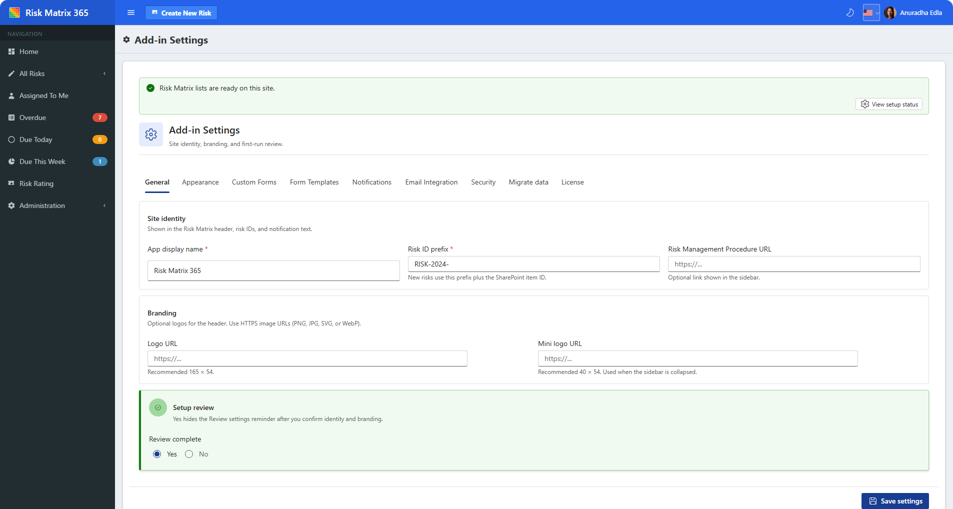 Risk Matrix 365 general settings