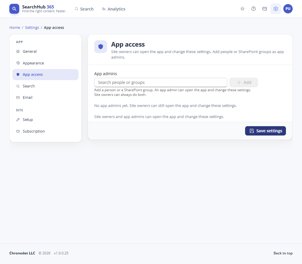 App access settings for SearchHub 365