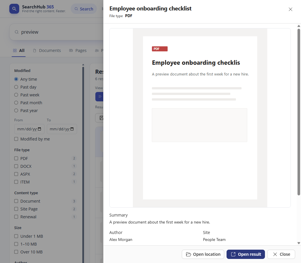 Result details with a document preview, summary, author, and site