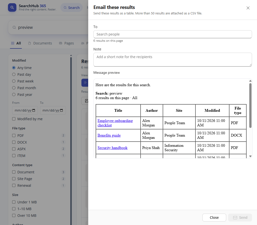 Email dialog with a plain results table